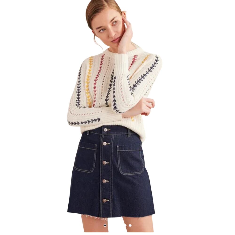 Boden Button Through Denim Mini Jean Skirt Button Down Dark Wash Raw Hem 2